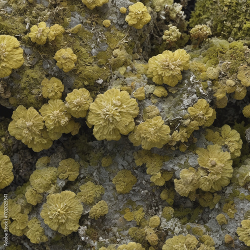 Grey-green natural stone background with rough textured surface and Lichen Moss. structure of Lichen rhizocarpon on grunge old stones mineral backdrop. flat lay. close up