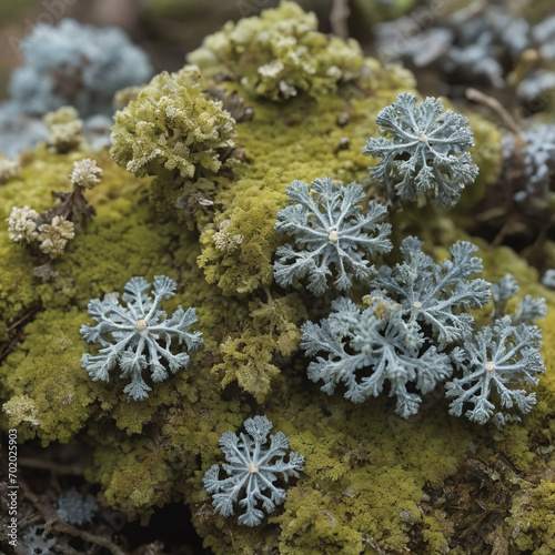 Grey-green natural stone background with rough textured surface and Lichen Moss. structure of Lichen rhizocarpon on grunge old stones mineral backdrop. flat lay. close up photo