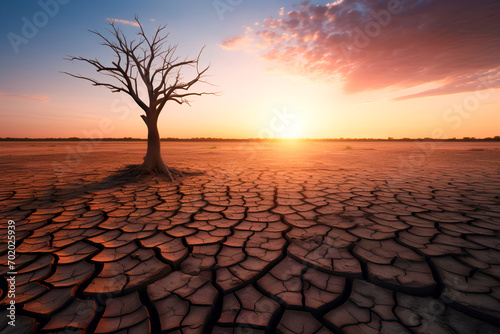 Cracked earth surrounds a solitary withered tree, embodying climate change consequences. A concept reflecting apocalypse and psychological impact.