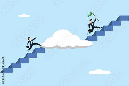 Progress to next level, career development or business improvement reaching better quality, growth or growing concept, ambitious businessman climbing up ladder to cloud level to reach next level