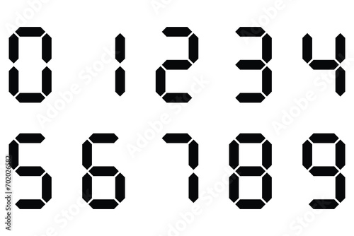 Digital display of digits. Icon set. Black numbers, numerals. Scoreboard, clock, stopwatch, calculator, electronic meter. Seven segment. Vector image illustration