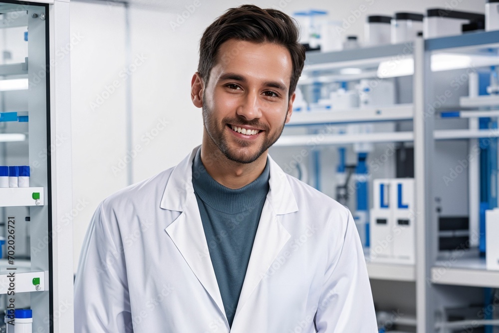 a scientist engineer in a medical lab for experiments with chemicals and electronics wearing white lab coat a scientist engineer in a medical lab for experiments with chemicals and electronics wearing white lab coat