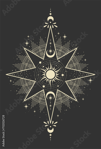 Magical poster with star and moon, boho illustration. Vector hand drawing