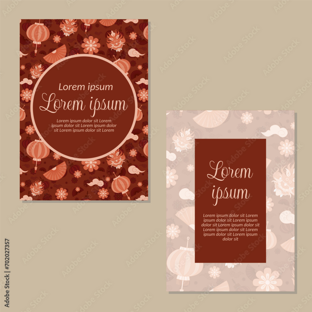 Wedding invitation card template. Chinese New Year seamless pattern backgrounds save the date, invitation, greeting card, vector illustration.