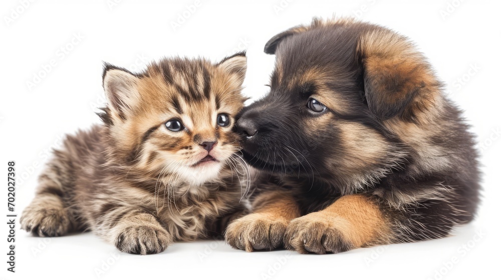 cute little baby puppy dog and cat kitten laying close to each other and kissing. isolated on white background 16:9. 