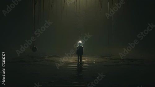 A character slowly sinking into a dark pit, symbolizing the isolation and hopelessness often associated with mental illness. minimal 2d animation Psychology art concept photo