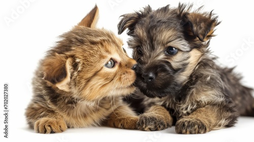 cute little baby puppy dog and cat kitten laying close to each other and kissing. isolated on white background 16:9. 