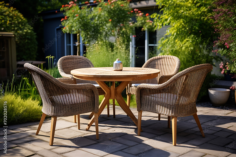 rattan furniture table and four armchairs in the garden of a modern cottage.