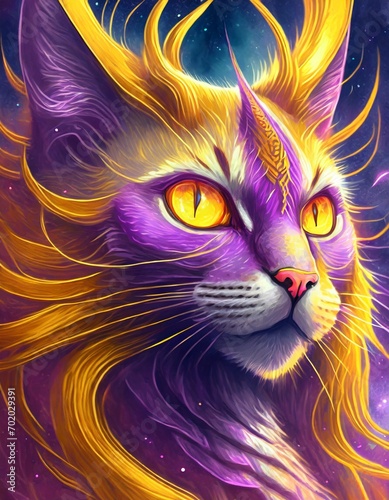 close up of mystic cat, like a phoenix, purple and yellow colors digital