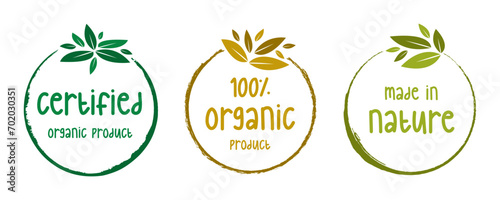 Organic food, healthy life and natural product labels and badges for food market, ecommerce, organic products promotion.