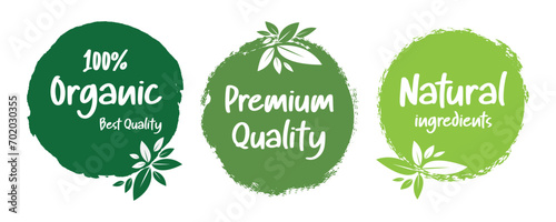 Organic food, healthy life and natural product labels and badges for food market, ecommerce, organic products promotion.