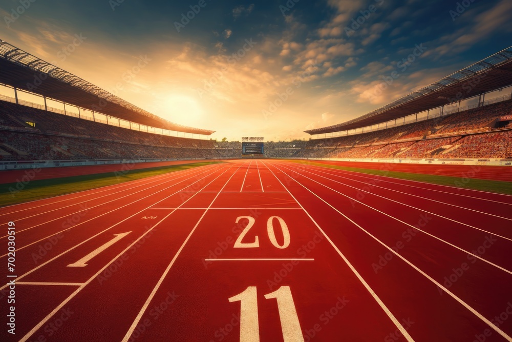 Running track in stadium at sunset. Sport and competition concept. 3D Rendering, Athlete running track with number on the start in a stadium, AI Generated