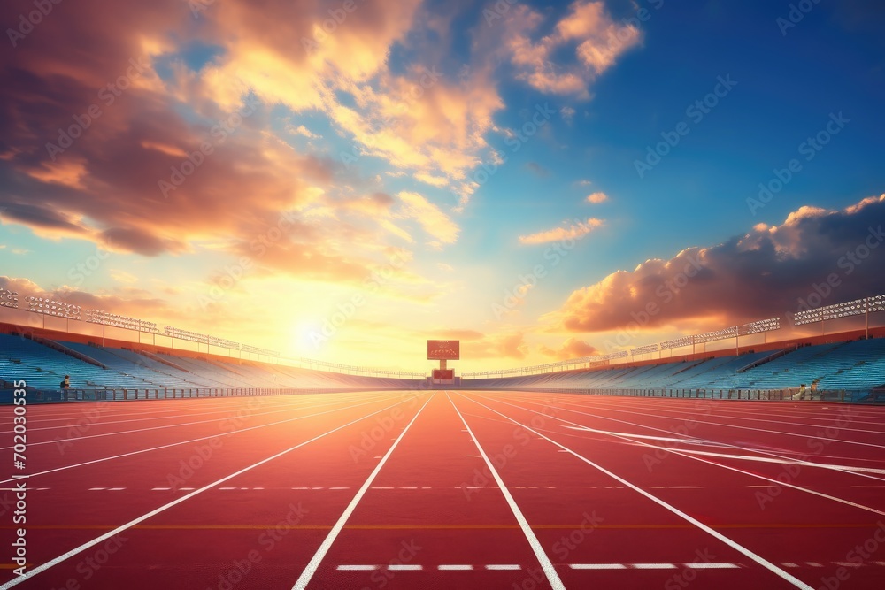 Athletics track at sunset. 3d render illustration, Athlete Track or Running Track with nice scenic, AI Generated