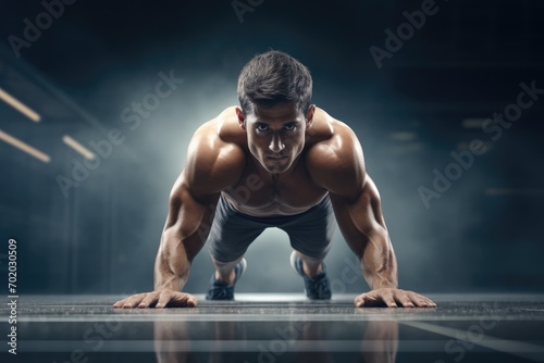 Portrait Of A Young Man Doing Pushups As Part Of Bodybuilding Training, Athlete in starting position, AI Generated