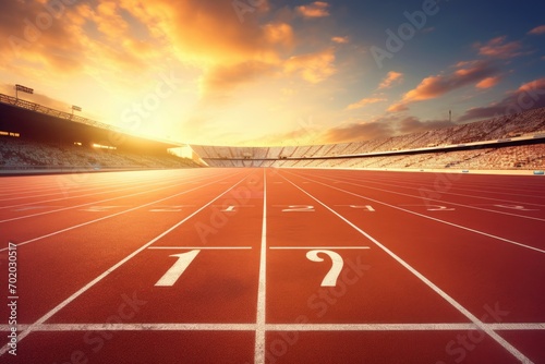 Athletics Track and Field with Blue Sky Background, 3D Rendering, Athlete running track with number on the start in a stadium, AI Generated photo