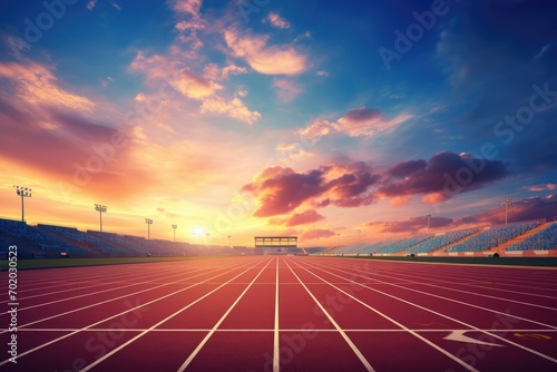 Athletics track in stadium at sunset. 3d rendering, Athlete Track or Running Track with nice scenic, AI Generated