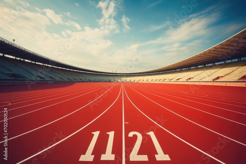 Running track at stadium with numbers 2021 and sunset sky. 3D Rendering, Athlete running track with number on the start in a stadium, AI Generated photo