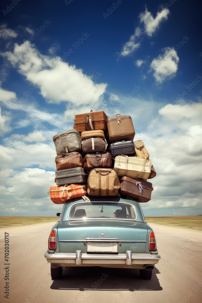 Travelling by car. Retro car with luggage on the roof. Car on the road with a lot of suitcases on roof. Family travel on vacation - obrazy, fototapety, plakaty 