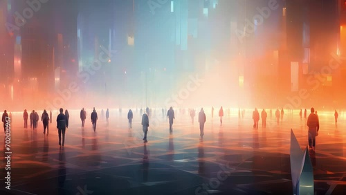 A digital landscape with a human figure walking through, accompanied by multiple AI figures, each with a different ethical consideration displayed above them, symbolizing the need for AI photo