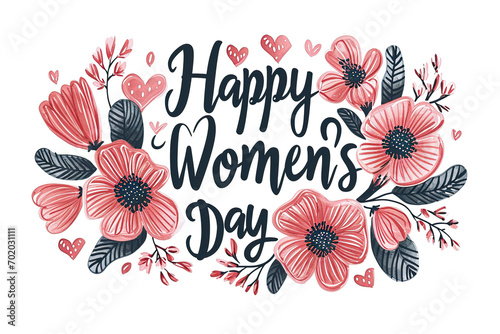 "Happy Women's Day 8-3" Handwritten Calligraphy Text, On A White Background Red Lettering With Pink Hearts Vector Illustration isolated PNG