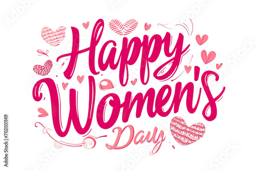 "Happy Women's Day 8-3" Handwritten Calligraphy Text, On A White Background Red Lettering With Pink Hearts Vector Illustration isolated PNG