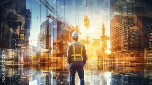 Future building construction project concept with double exposure graphic design. Construction engineer, architect or construction worker working with modern civil engineering equipment. photo
