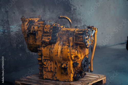 Caterpillar dump truck engine at the washing