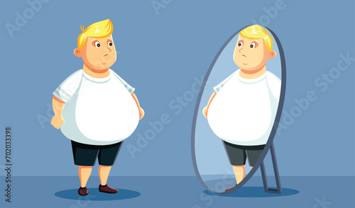 Vector Depressed Overweight Man Checking Himself in the Mirror. Unhappy and anxious person having low self-esteem seeing his reflection 
