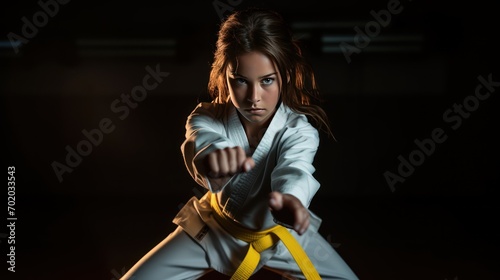 little model Taekwondo girl with yellow belt Isolated on dark background amid neon lights. movement