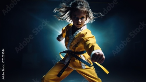 little model Taekwondo girl with yellow belt Isolated on dark background amid neon lights. movement
