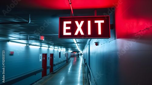 Vivid red exit sign illuminated above a modern corridor with reflective floors and atmospheric lighting