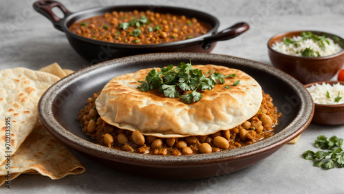  Present the perfect Chole Bhature stock photo by arranging a plate filled with the mouthwatering dish against a minimalist white background, emphasizing the appetizing appeal of this popular Indian c