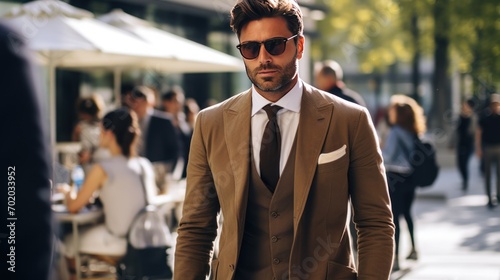 Fototapeta Naklejka Na Ścianę i Meble -  Male businessman in street style clothes after a fashion show at Milan Fashion Week