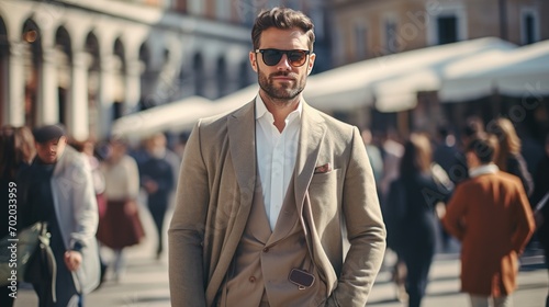 Male businessman in street style clothes after a fashion show at Milan Fashion Week