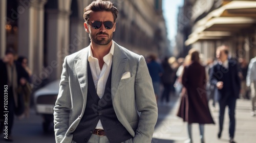 Male businessman in street style clothes after a fashion show at Milan Fashion Week photo
