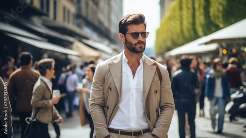 Fototapeta Naklejka Na Ścianę i Meble -  Male businessman in street style clothes after a fashion show at Milan Fashion Week