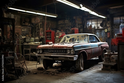 Abandoned car in the garage of a car repair shop, car in auto repair shop, AI Generated photo
