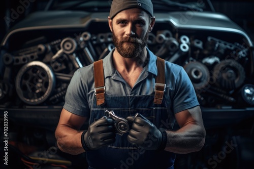 Handsome bearded mechanic in uniform is holding wrench in his hands, Car mechanic holding wrench for car repair, AI Generated
