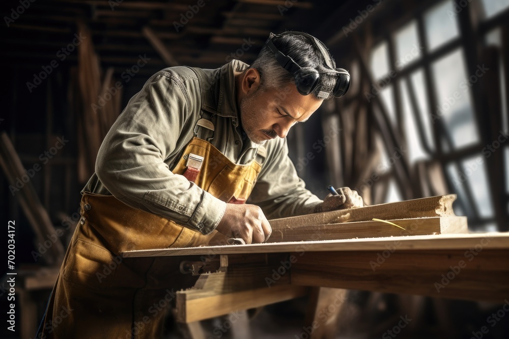 Carpenter working with a wooden plane in his carpentry workshop, carpenter working with plane on wooden background, AI Generated Carpenter working with a wooden plane in his carpentry workshop, carpenter working with plane on wooden background, AI Generated