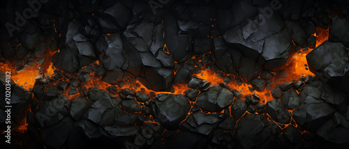 Halloween molten lava texture background. Burning fire coles concept of armageddon hell. Fiery lava and rock backdrop with atmospheric light, grunge red glowing texture wide banner by Vita
