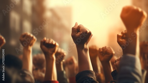 Group of angry protestors and demonstrators or unity of protesters and fighting for rights as hands of various people illustrated in 3D illustration style. photo
