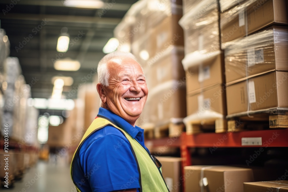 Portrait of smiling senior warehouse worker looking at camera in a warehouse, Cheerful senior man smiling while fulfilling orders in a warehouse, AI Generated Portrait of smiling senior warehouse worker looking at camera in a warehouse, Cheerful senior man smiling while fulfilling orders in a warehouse, AI Generated