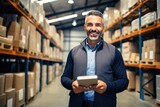 Portrait of smiling mature businessman using digital tablet in warehouse. This is a freight transportation and distribution warehouse. Industrial and industrial workers concept, AI Generated