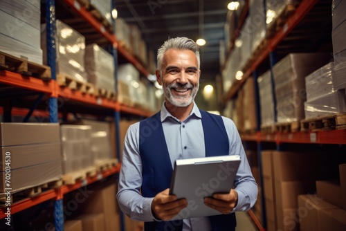 Portrait of smiling mature warehouse worker using digital tablet while standing in warehouse, Cheerful warehouse manager doing inventory control with a digital tablet, AI Generated