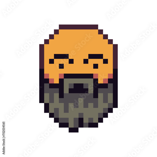 Man with black beard, head, grandfather, barbershop, bruise under the eye, old man face pixel art icon cartoon character. 8-bit flat style. Isolated abstract vector illustration.