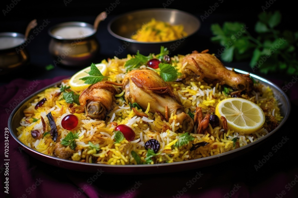 Chicken Biryani with basmati rice served on a plate, Chicken biryani