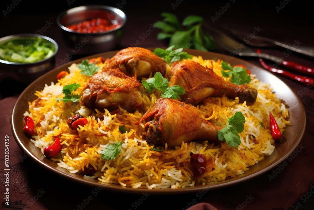Chicken Biryani or Chicken Biryani is a popular Indian dish consisting of basmati rice cooked with chicken and spices, Chicken biryani Spicy Indian Malabar biryani Hyderabadi biryani, AI Generated Chicken Biryani or Chicken Biryani is a popular Indian dish consisting of basmati rice cooked with chicken and spices, Chicken biryani Spicy Indian Malabar biryani Hyderabadi biryani, AI Generated