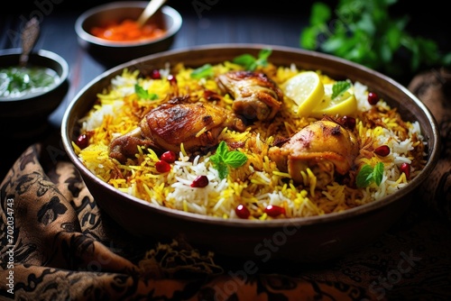 Indian chicken biryani with basmati rice served in a bowl, Chicken biryani Spicy Indian Malabar biryani Hyderabadi biryani, AI Generated