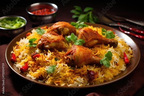 Chicken Biryani or Chicken Biryani is a popular Indian dish consisting of basmati rice cooked with chicken and spices, Chicken biryani Spicy Indian Malabar biryani Hyderabadi biryani, AI Generated