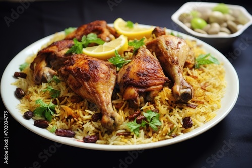 Biryani chicken with basmati rice and raisins, Chicken kabsa, homemade arabian rice, AI Generated